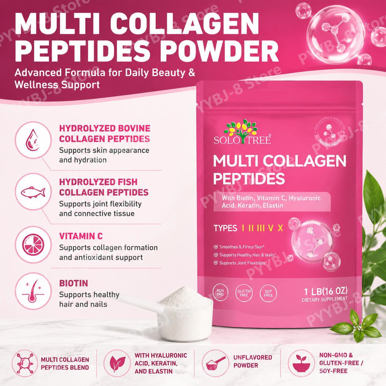 Vitamin C Powder - SoloTree Multi-Kollagen-Peptide-Pulver mit Biotin & Vitamin
